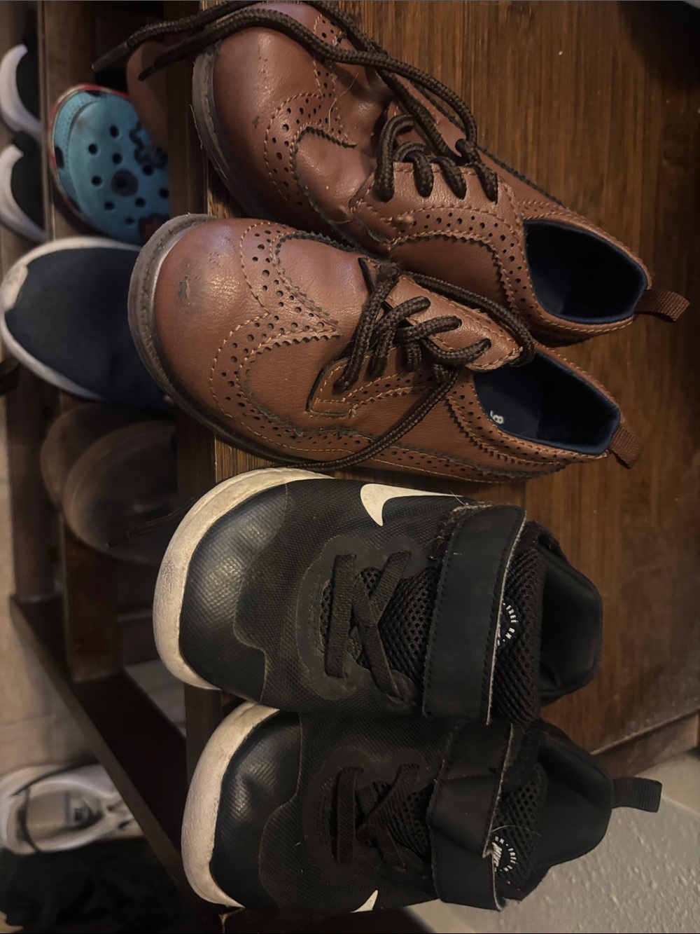 Kids Brown Leather Dress Shoes & Black Athletic Sneakers Set